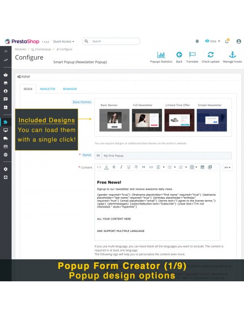 Popup form creator of the module Smart Popup (Newsletter Popup) for PrestaShop