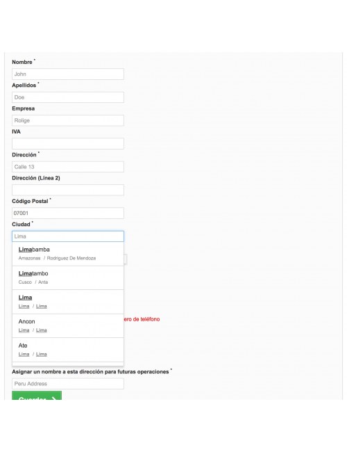 Address form of the module Olva Courier for PrestaShop